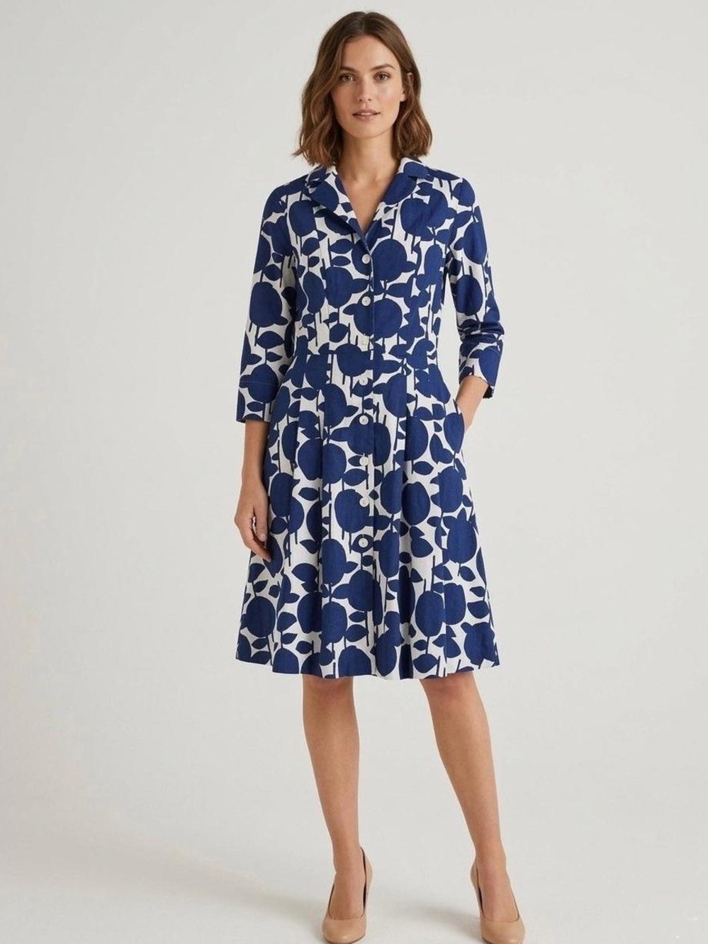 Boden Navy and White Long-Sleeve Floral Shirt Dress with Tie Waist
